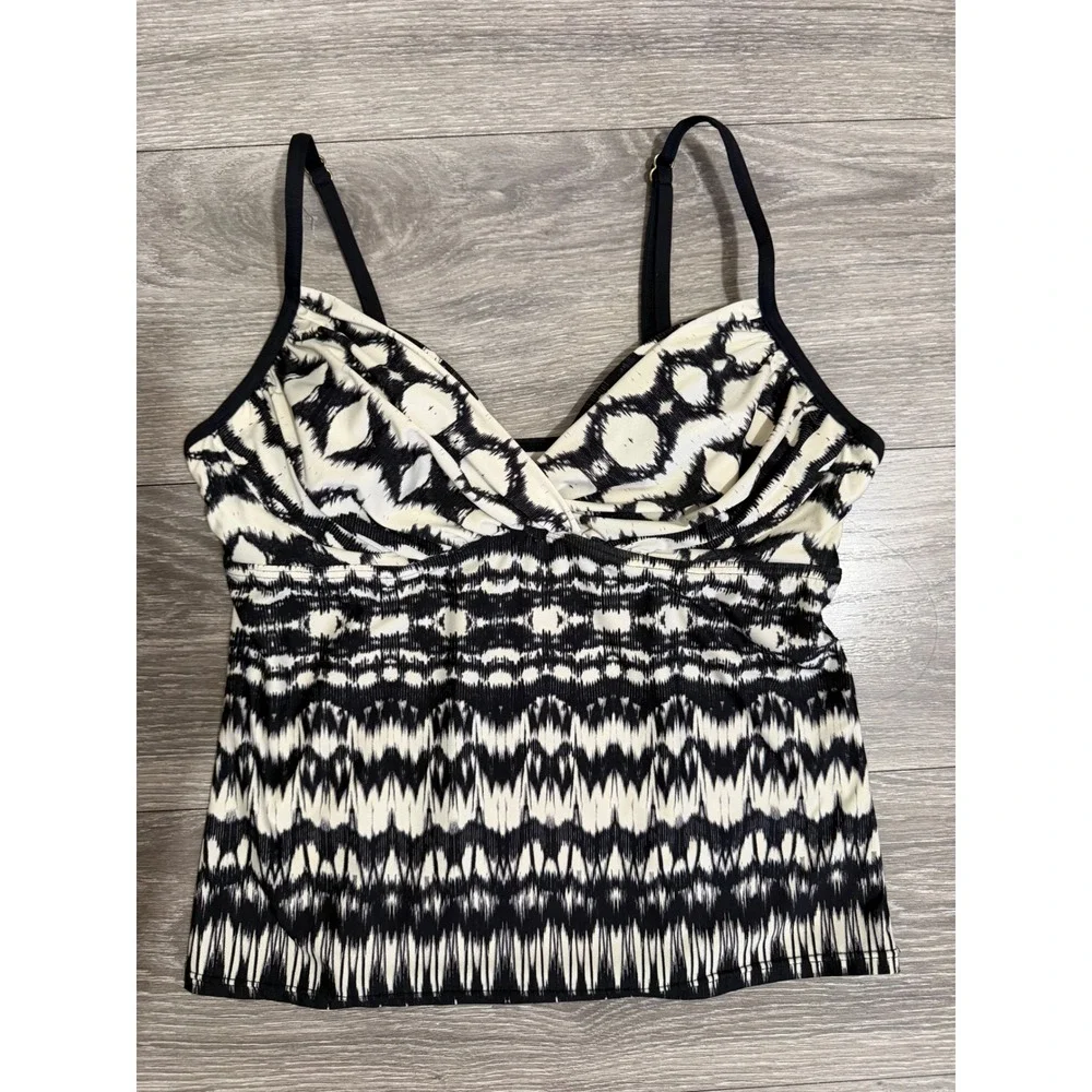 Badgley Mischka Womens Black White Ikat Print Tankini Swim Top Size 10 V-Neck